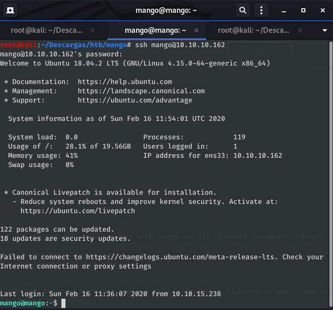 Successful login via SSH as mango user