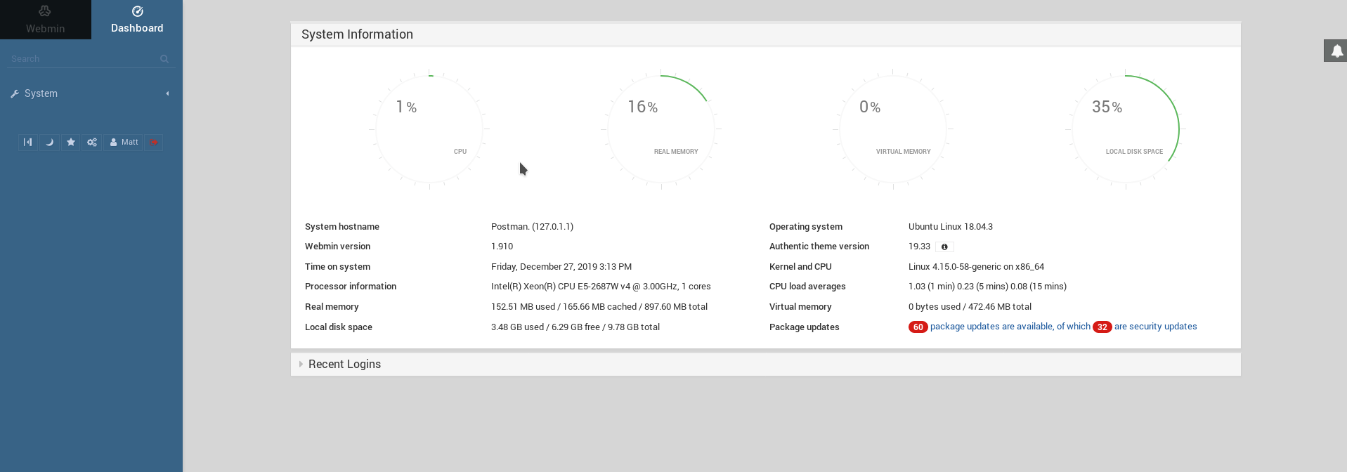 Webmin dashboard